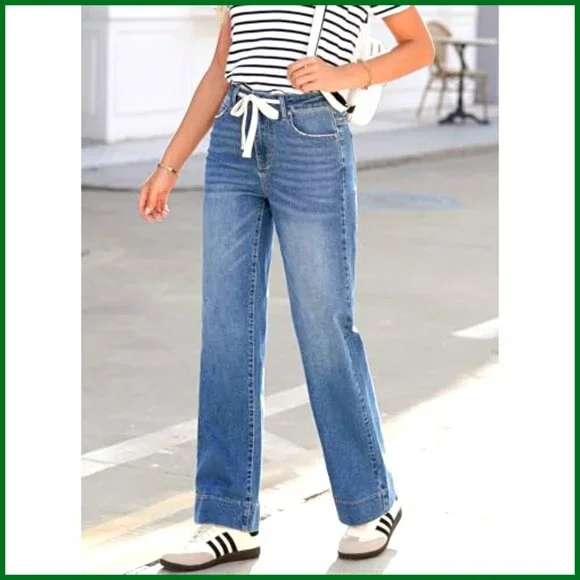 High Waisted Wide Leg Jeans Stretchy Straight Leg Baggy Drawstring Denim Pants - Picture 3 of 7